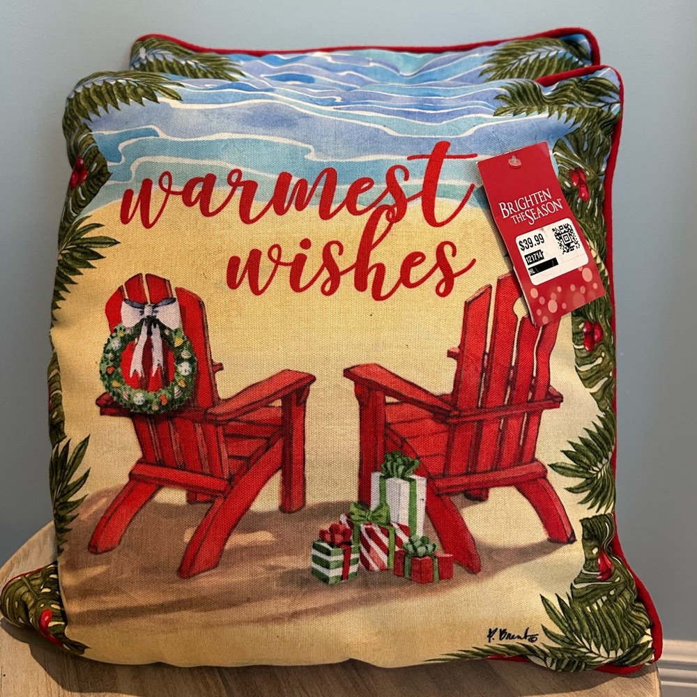 Christmas Holiday Beach Adirondack Chair Decorative Pillows (2) 18in by 18in NWT